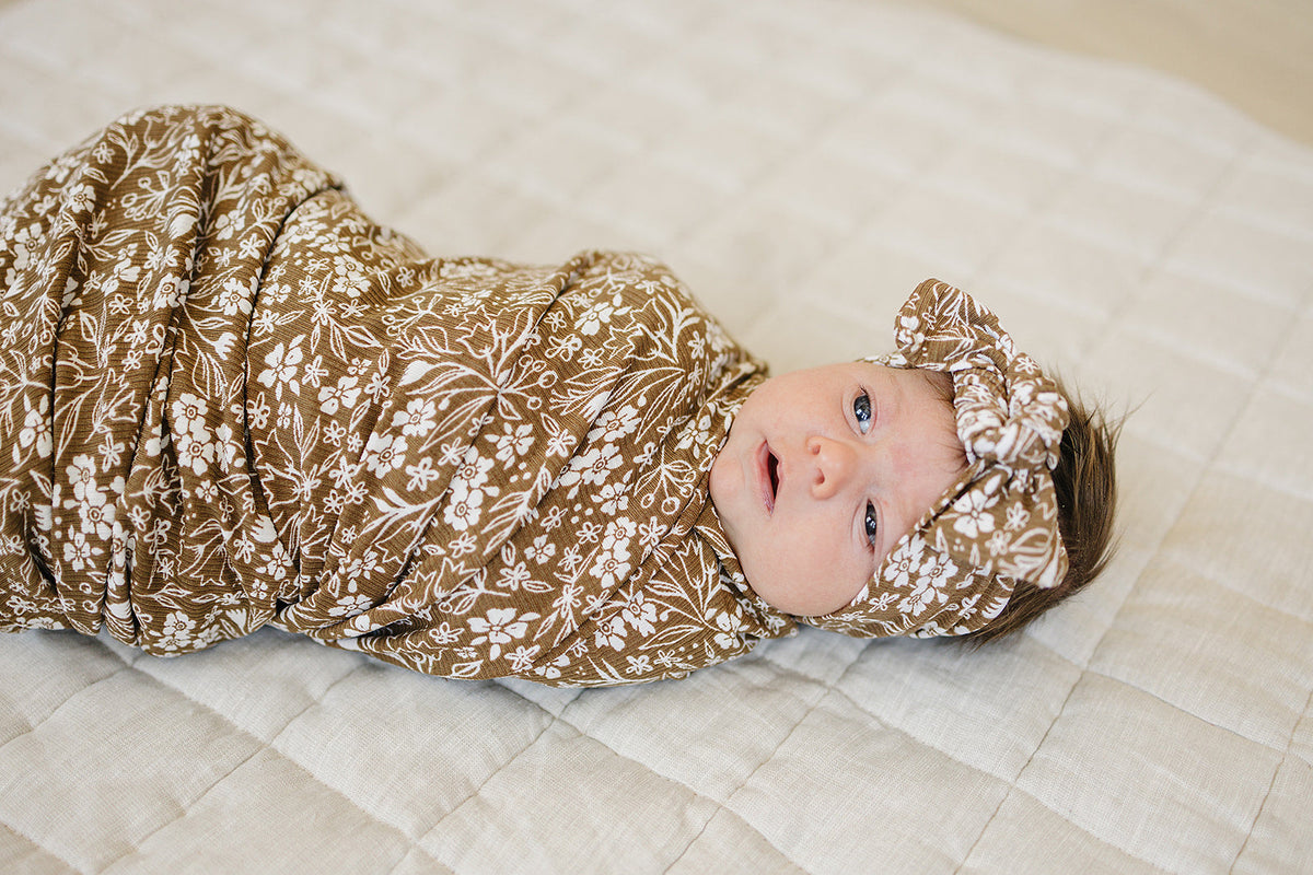 Brown Floral Ribbed Bamboo Stretch Swaddle
