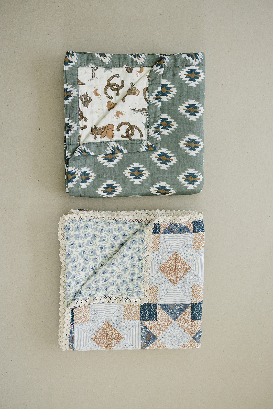 Patchwork Print + Blue Blossom Lace Muslin Quilt