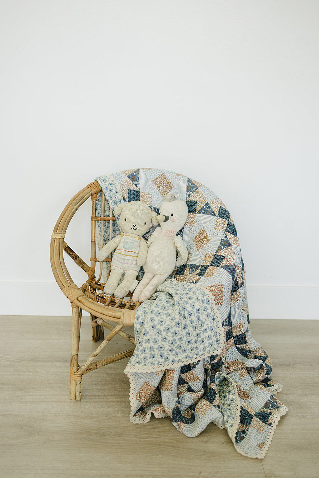 Patchwork Print + Blue Blossom Lace Muslin Quilt